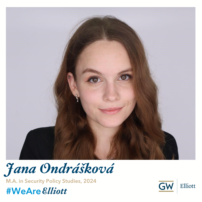 Jana Ondrášková smiles and wears a black blouse and a blazer.  Jana Ondrášková. M.A in Security Policy Studies, 2024. #We Are Elliott